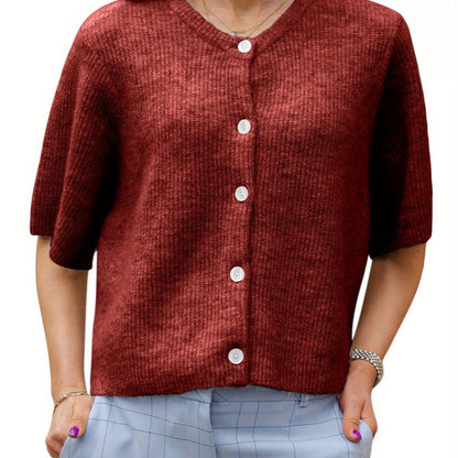 Women's Solid Color Short-sleeved Cardigan Round Neck Button