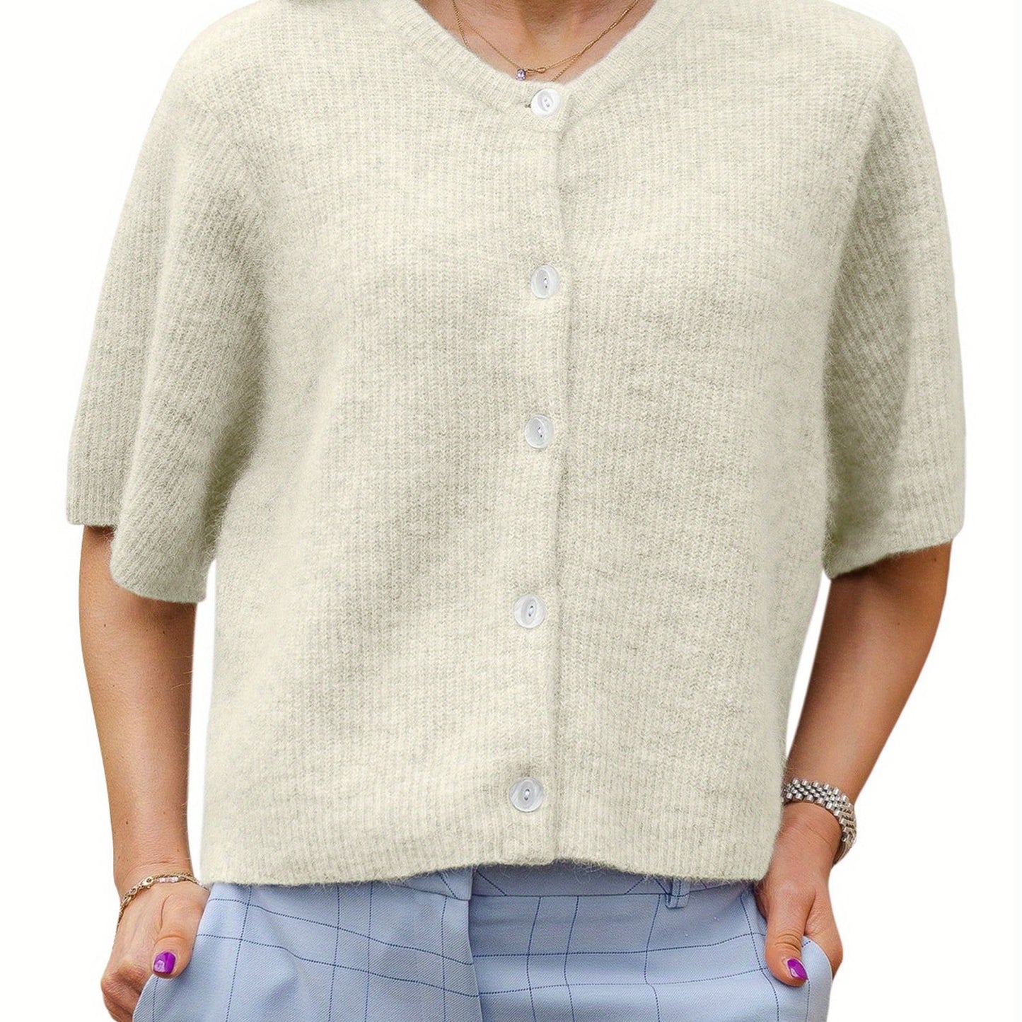 Women's Solid Color Short-sleeved Cardigan Round Neck Button