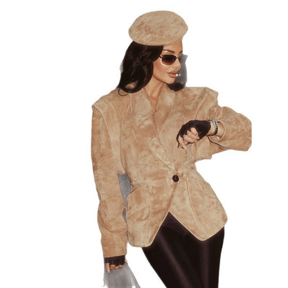 Solid Color Suede Lapel And Waist Tight Slim-fitting Patchwork Jacket