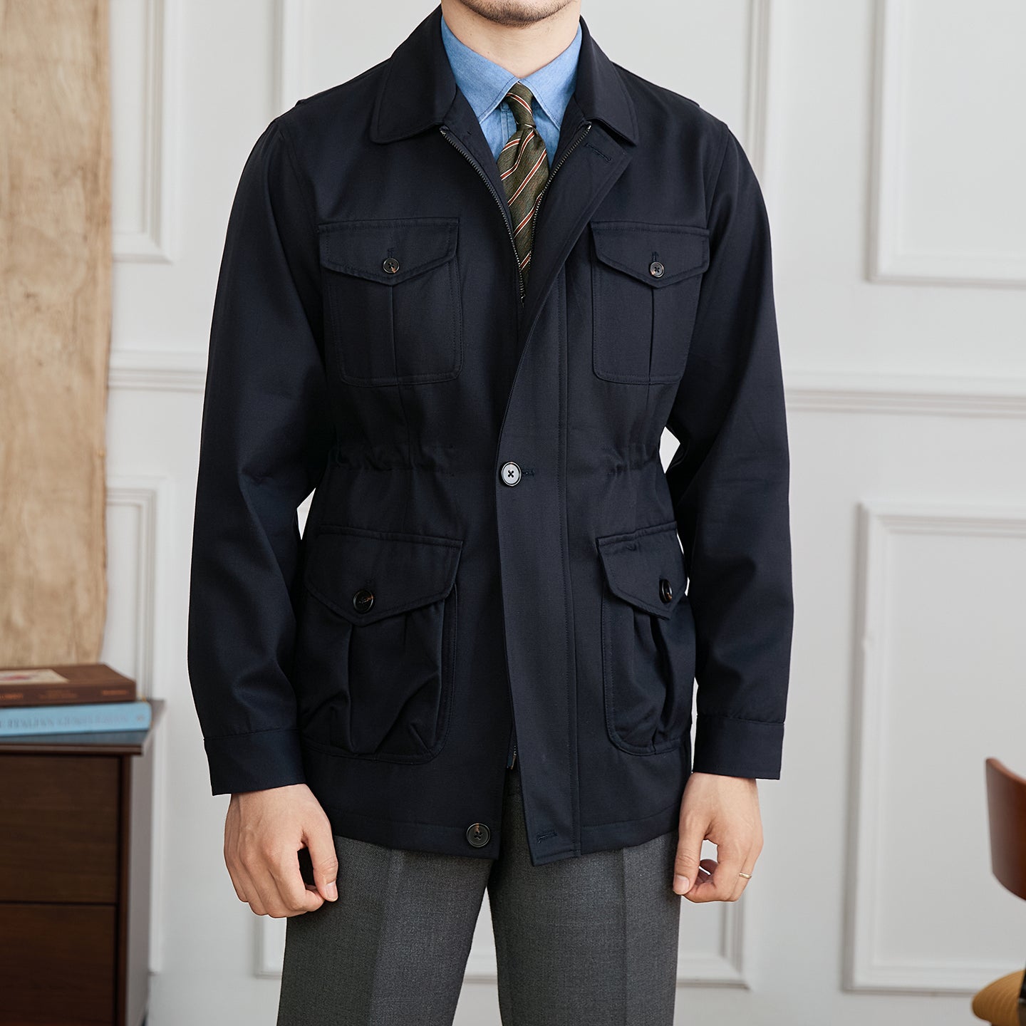 Fashion Waist-controlled Elastic Safari Jacket Coat Thin Polo Collar Jacket Men