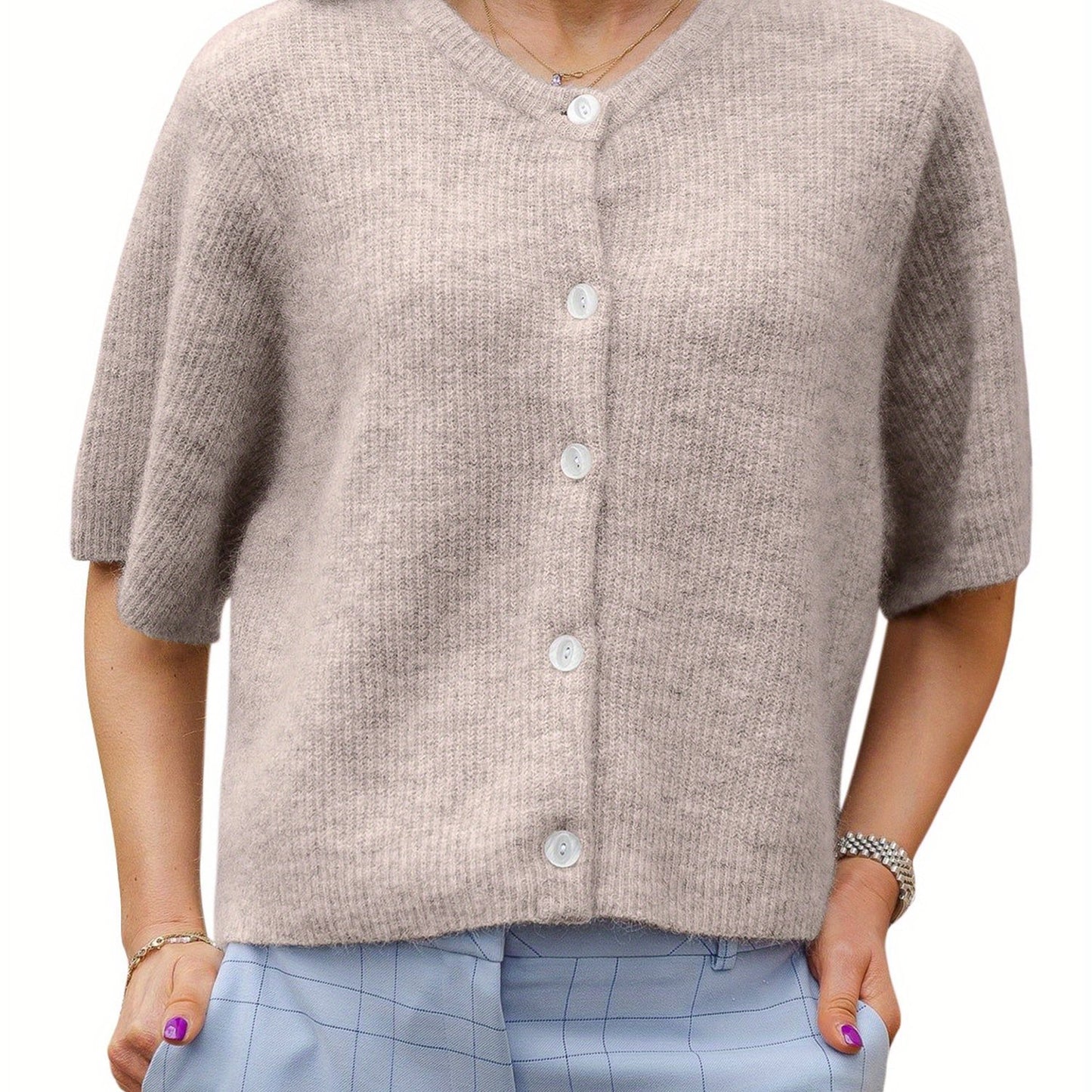 Women's Solid Color Short-sleeved Cardigan Round Neck Button
