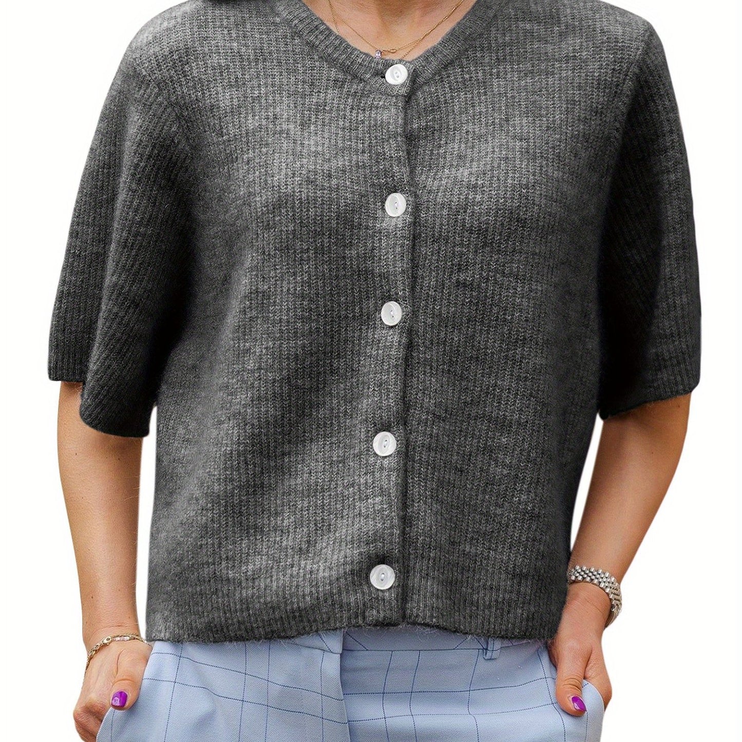 Women's Solid Color Short-sleeved Cardigan Round Neck Button