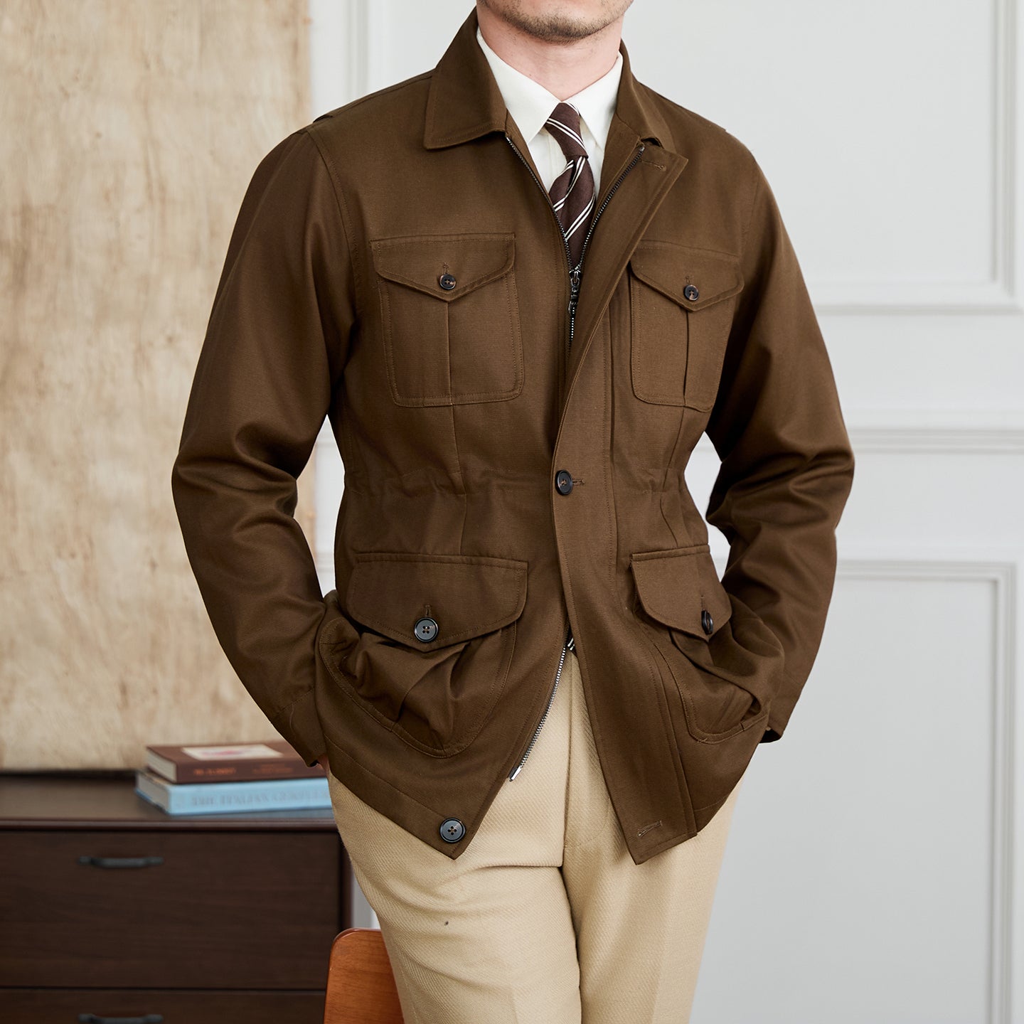 Fashion Waist-controlled Elastic Safari Jacket Coat Thin Polo Collar Jacket Men