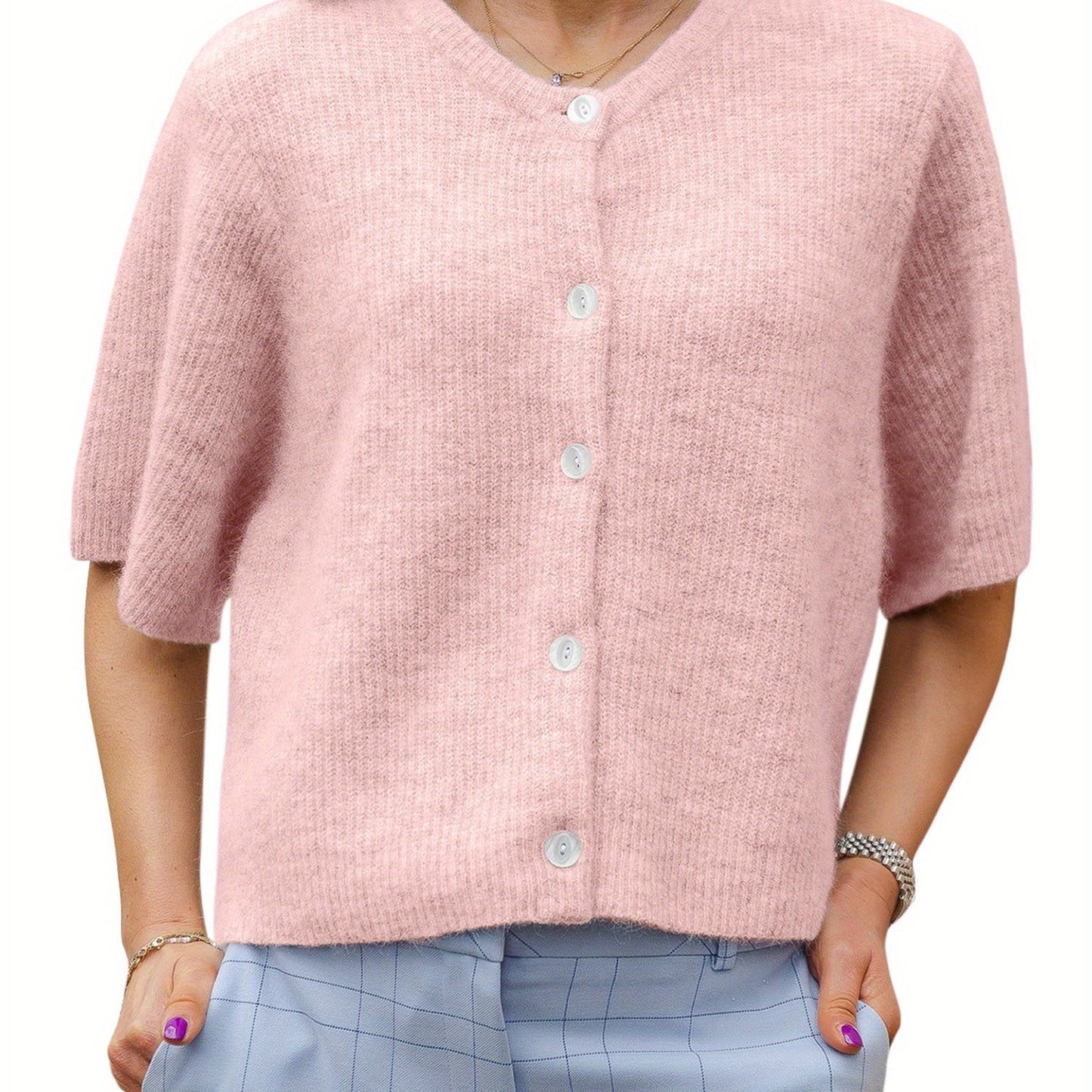 Women's Solid Color Short-sleeved Cardigan Round Neck Button